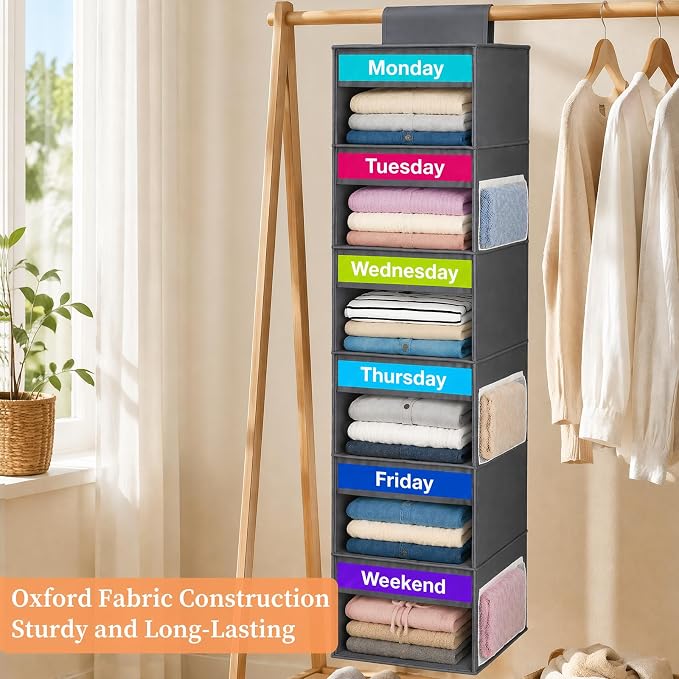 Weekly Clothes Organizer for Closet, 6-Shelf Hanging Closet Organizer with 6 Side Pockets(Grey)