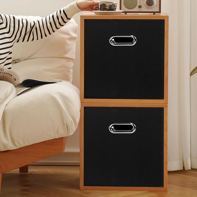 Black Foldable Storage Cubes Bins, Fabric Storage Box Cubes Organizer Baskets with Dual Handles for Home Organizer,Set of 6,(Black)