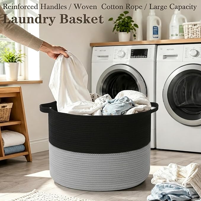 115L Large Blanket Basket,Woven Laundry Basket-Black&Light Grey | Collapsible, reinforced handles, nursery storage bin organizes clothes, toys and pillows for living room, bedroom bathroom