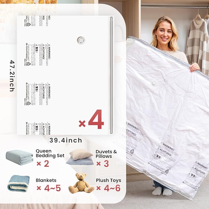 TAILI 4 Pack Vacuum Storage Bags, XXL Jumbo (47x39 Inch), Cream | Vacuum Seal Bags for Clothing, Comforter and Blankets, Bedding, Giant Space Saver for Huge Stuffed Toy