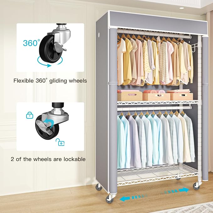 White Clothing Rack with Grey Cover, P1C Rolling Closet Rack with Wheels, Metal Garment Rack for Hanging Clothes, Clothing Storage Wardrobe, 36.2" W x 16.5" D x 80.5" H, Load 450 Pounds