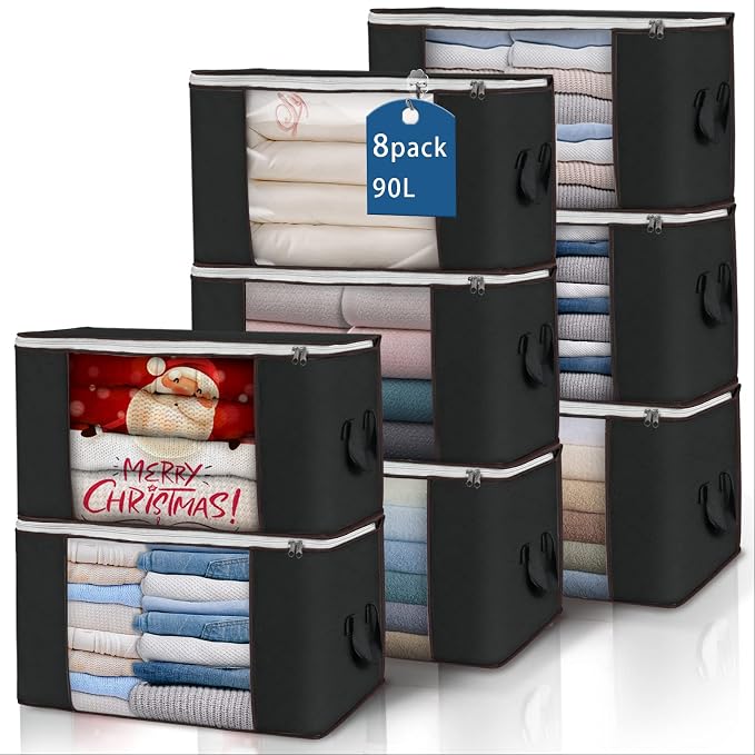 90L Large Storage Bags, 8 Pack Clothes Storage Bins Closet Organizers | Foldable Storage Containers, with Reinforced Handle, for Clothing, Blanket, Comforters, Bed Sheets, Pillows and Toys,Black