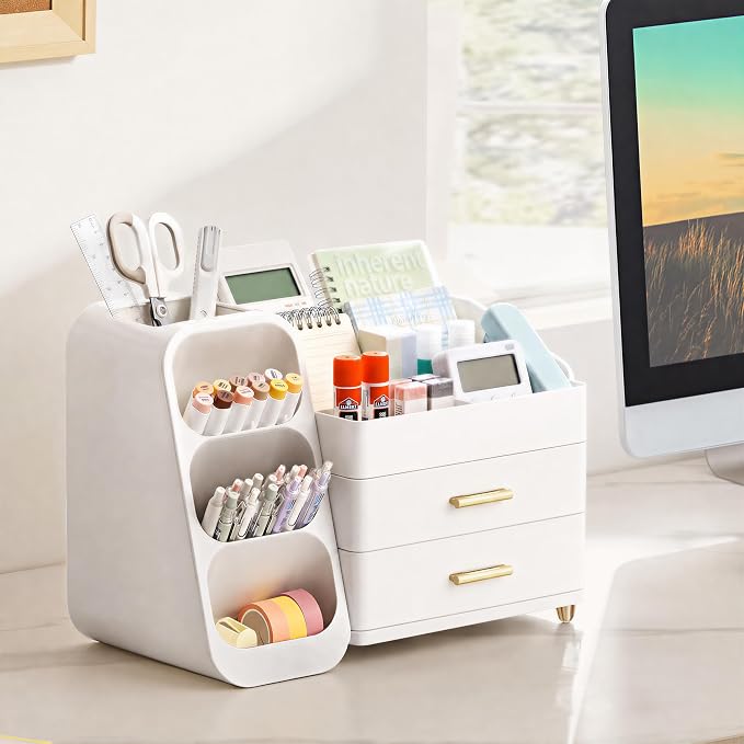 HBlife Desk Organizer with Pen Pencil Holder for Desk, Pen Organizer with 2 Drawers, Desk Organizers and Accessories with 4 Compartments, Desktop Storage for Office Home School Art Supplies, All White