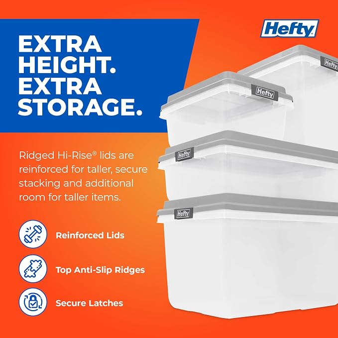 Hefty 72 Qt Hi-Rise Storage Bin with Lid, Stackable Plastic Storage Container, Organizer for Home, Garage & Closet, 6 Pack, Gray