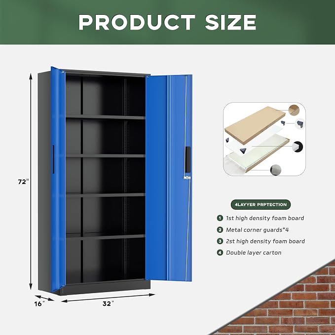 Greenvelly Metal Garage Storage Cabinet, 72" Black Blue Tool Steel Locking Cabinet with Doors and 4 Shelves, Tall Cabinets for Garage Storage Systems Lockable File Cabinet for Home Office,Garage