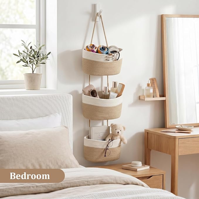 TeoKJ Over the Door Hanging Basket, 3-Tier Woven Cotton Wall-Mounted Storage Organizer Bag Decorative Hanging Nursery Baskets, White & Jute
