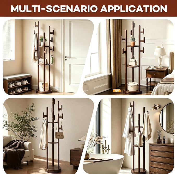 Rotary Coat Rack Freestanding - Solid Wood Coat Tree with 9 hooks & 3 Storage Shelves for Purse, Bag, Jacket, Hat, Corner Hanger Stand Racks for Hall, Entryway, Office, Modern Clothes Holder