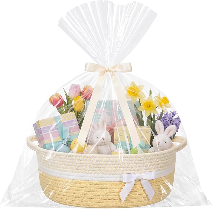 Colingmill 1 Set Woven Empty Basket for Gift,Light Yellow White | with Cellophane Wrap Set, 14 x 10 x 5.5 Inch, Medium Decorative Gift Basket, Cotton Rope Storage Box, Home Decor
