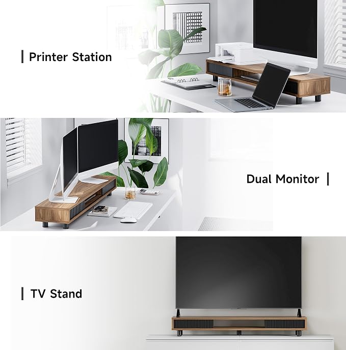 Fenge Dual Monitor Stand with Storage, Desk Shelf with Glass Sliding Door | Ergonomic Height Adjustment, 42.5in Monitor Shelf, 2-Tier Monitor Riser, Desk Organizer for Screen, PC, Laptop, Brown