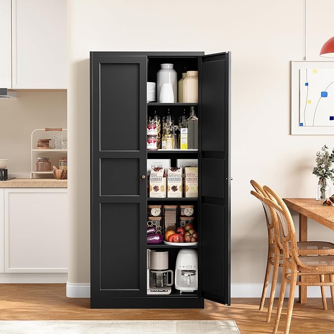 Yizosh Metal Storage Cabinet with 2 Doors and 5 Adjustable Shelves - 71" Black Kitchen Pantry Storage Cabinet, 5-Tier Tall Steel Cabinet Locker for Kitchen, Living Room, Dining Room