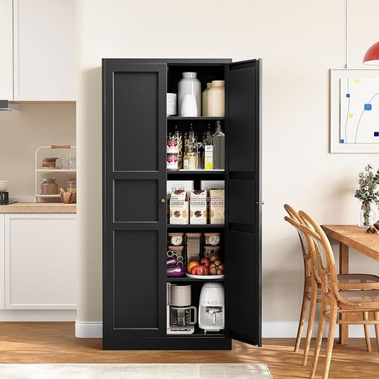 Yizosh Metal Storage Cabinet with 2 Doors and 5 Adjustable Shelves - 71" Black Kitchen Pantry Storage Cabinet, 5-Tier Tall Steel Cabinet Locker for Kitchen, Living Room, Dining Room