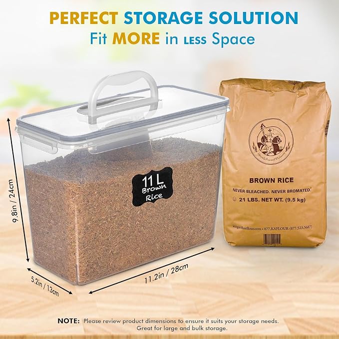 Shazo 2 PC (11L | 372 oz) Flour Sugar Storage Containers with Easy Carry Handle - Plastic Extra Large Food Storage Containers with Lids for Rice Cereal, BPA Free & Airtight Kitchen Pantry Organization