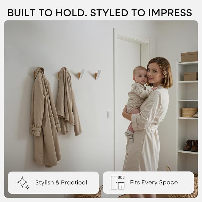 Beech Wood Coat Hooks, High End Beech Wood & White Metal Wall Mounted Clothing Hooks, Mid-Century Modern Coat Hooks, Heavy Duty Wooden Hooks for Hanging Coats, Hats, Towels & More, Set of 6
