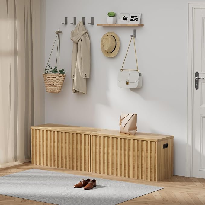 Storage Bench Set of 2, 39.4" Wood Box, Storage Trunk with 2 Safety Hinges, Ottoman Storage Chest Set of 2, Fluted Storage Bench for Bedroom, Shoe Bench for Bedroom, Living Room (Natural Wood)