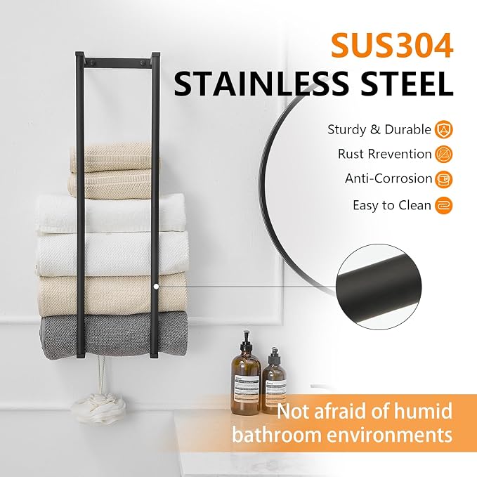 BWE Matte Black Towel Racks for Bathroom 28" Towel Holder for Rolled Towels | Stainless Steel Wall Mounted Towel Storage for Bathroom with 2 Hooks, 6 Large Bath Towels Capacity
