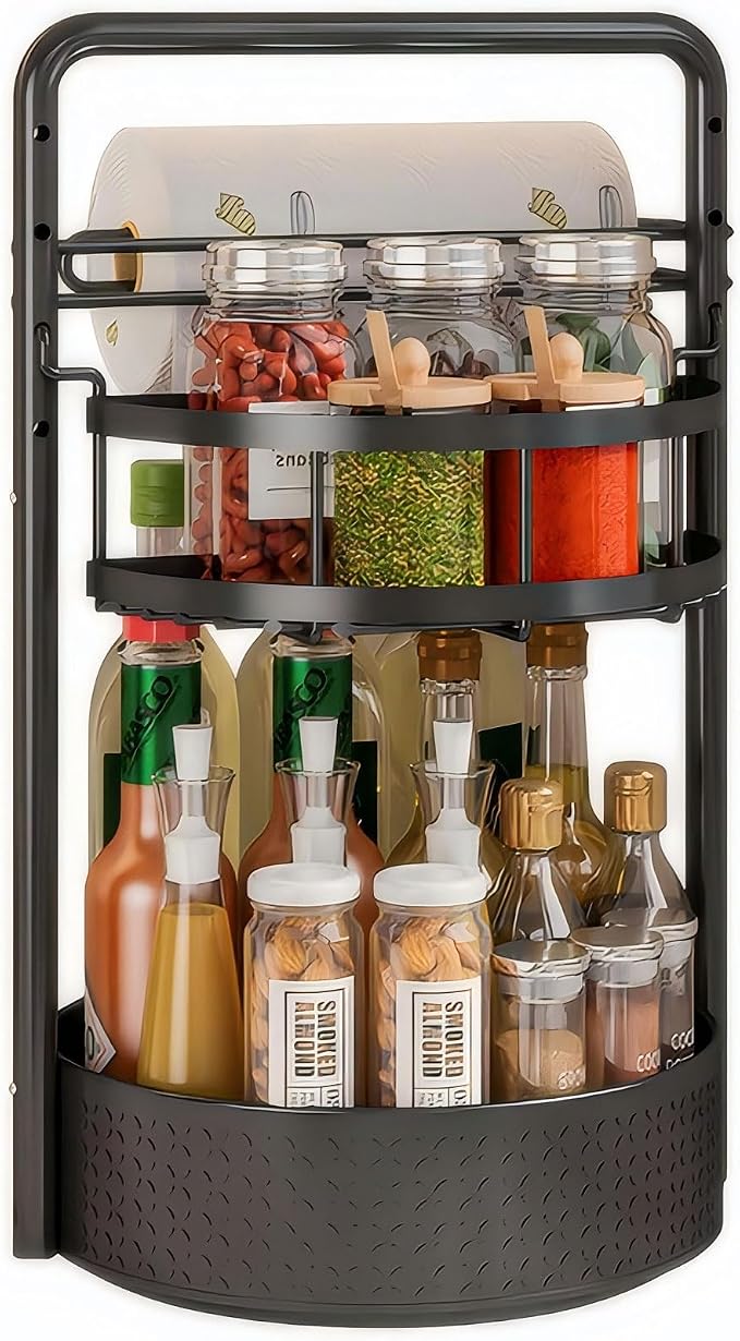JEESA Rotating Spice Rack with Paper Towel Holder, Black | 2 Tier Lazy Susan, Sturdy Iron, Seasoning Organizer, Kitchen Countertop