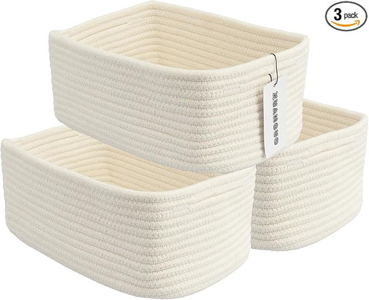 XUANGUO Small Woven Storage Baskets for Shelves, 12" x 8" x 5", White | Decorative rope storage bins for closets and toy storage; cute organizer baskets, empty gift baskets and nursery storage.