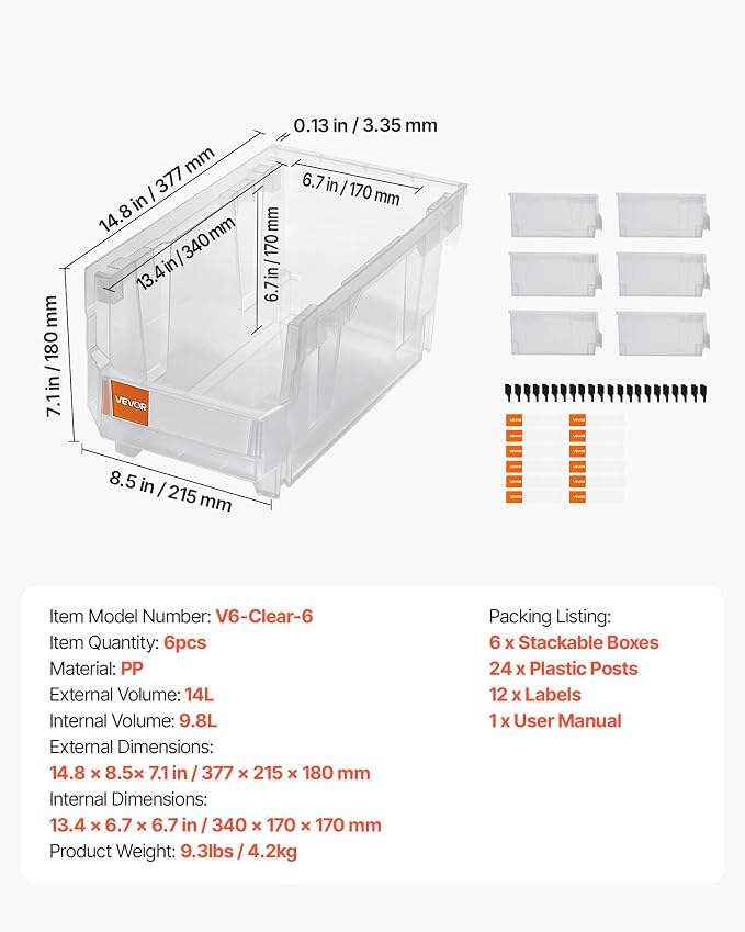 VEVOR Plastic Stackable Storage Bins, 14.8 x 8.5 x 7.1 inch (6 Pack), Plastic Containers for Organizing & Storage Bins for Closet, Garage, Small Parts, Office Supplies, Other Accessories, Transparent