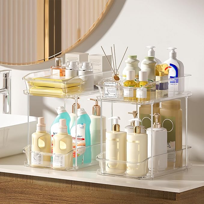 Delamu 2-Tier Under Sink Organizers and Storage, Multi-Purpose Stackable Bathroom Cabinet organizers, Pull Out Kitchen Pantry Organization and Storage with Dividers(4 Pack, Clear)