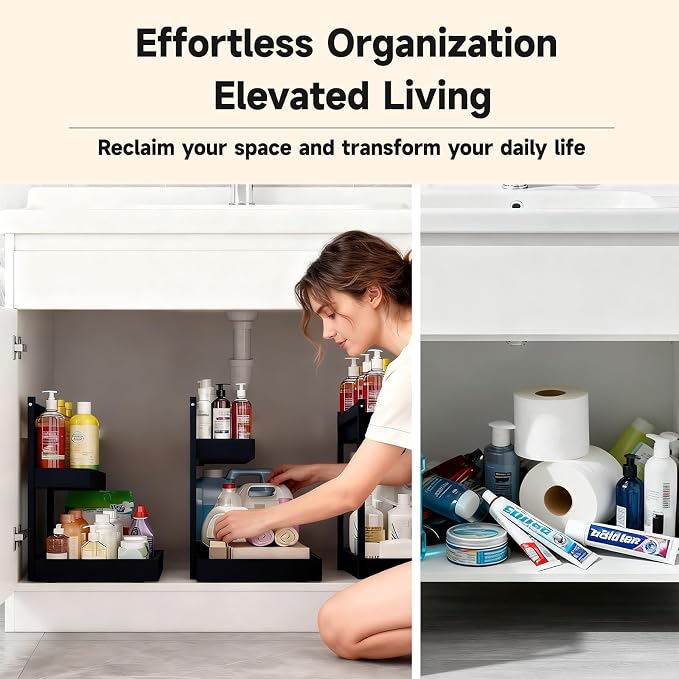 Bamboo Undersink Organizer Storage - 2-Tier Cabinet Shelf with Adjustable Levels, Under Sink Storage Slide Out for Cabinet Pantry Kitchen Bathroom (Black)