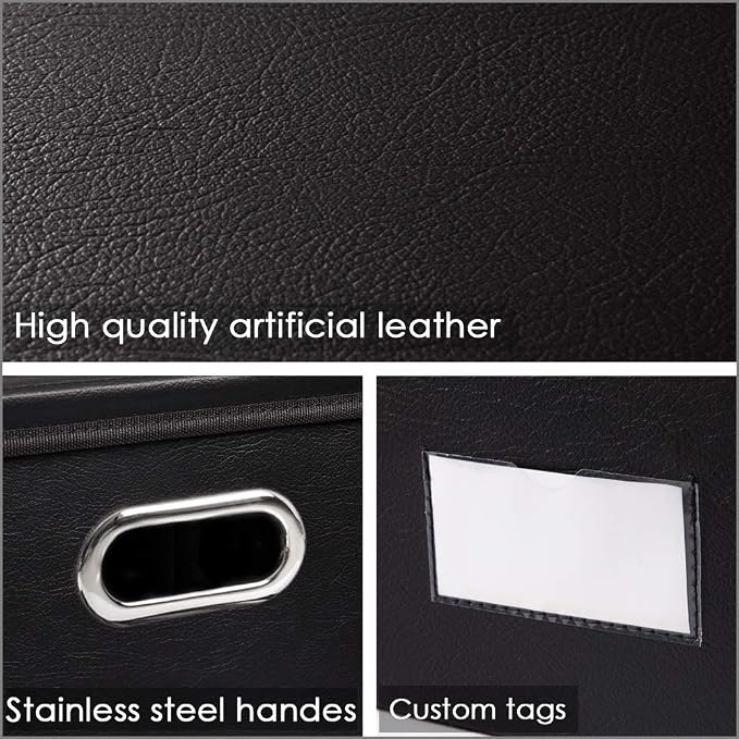 PRANDOM Large Foldable Storage Bins with Lids [3-Pack] Leather Fabric Collapsible Storage Boxes Organizer Containers Baskets Cube with Cover for Home Bedroom Closet Office Black(17.7x11.8x11.8)