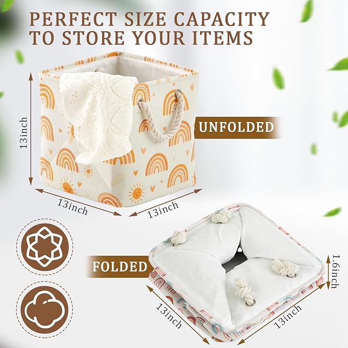 Geiserailie 6 Pcs 13 x 13 Inch Cube Storage Bins Fabric Storage Organizer Bins Foldable Cube Baskets with Sturdy Carry Handles Wicker Baskets for Home (Boho Color, Rainbow)