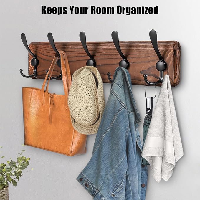 Gohiuo Rustic Wall Mount Coat Rack, Coat Hooks Wall Mount Wood Coat Rack with 5 Triple Hooks, Heavy Duty Wooden Wall Mounted Coat Hanger for Entryway, Farmhouse Hanging Coats, Hats, Bags,Towels