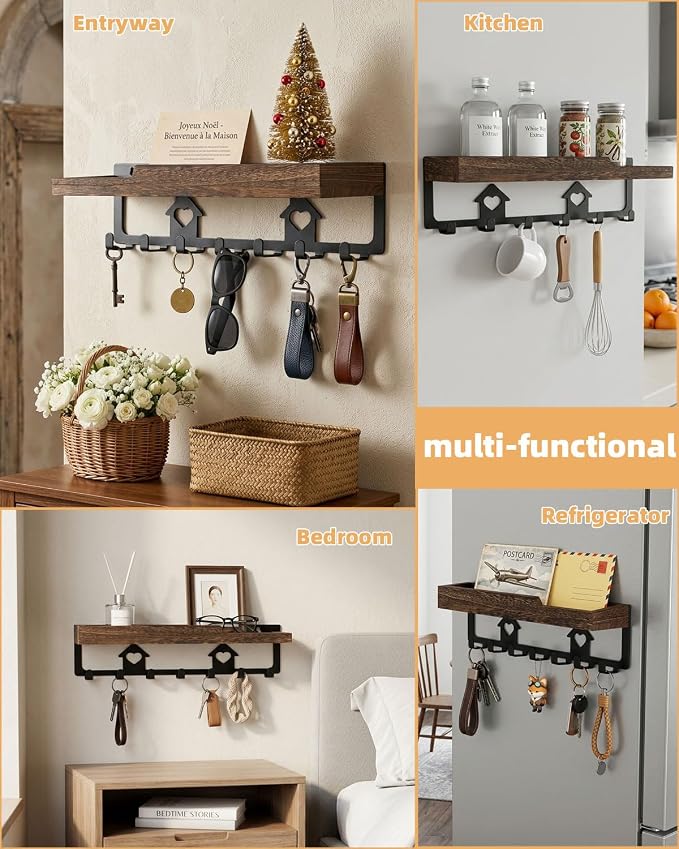 lucdnc Key Holder for Wall with Tray, 7 Hooks & Wood Shelf | Decorative Entryway Organizer for Mail, Keys, Sunglasses, Wall Mounted, Home Office