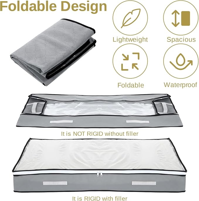 4 Pack 5.5 Inches High Under Bed Storage Containers, Low Profile | Under Bed Storage Containers, Foldable Underbed Bag Stackable Closet Organizer for Blankets Clothing Comforter Wrapping Paper