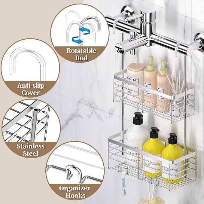 DELLAN Hanging Shower Caddy, 2-Tier Shower Rack with Hooks Over the Door | Bathroom Shower Caddy and Basket