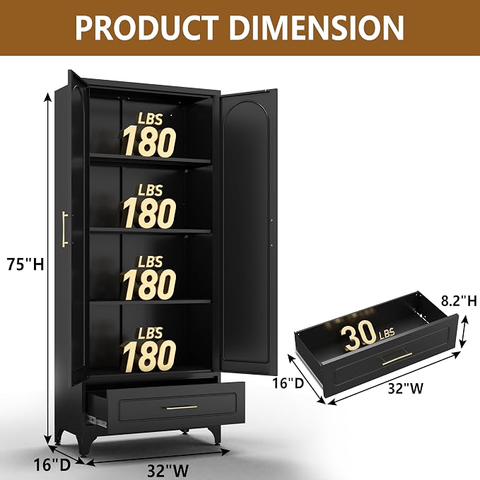 Polup 75" Tall Black Metal Pantry Storage Cabinet with 1 Drawer | Heavy-Duty Steel Kitchen Cabinet, 3 Adjustable Shelves & Magnetic Doors, Leveling Feet, for Dining Living Room, Laundry