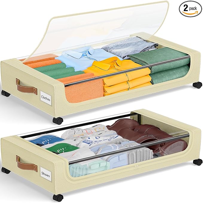 GoMaihe Under Bed Storage with Wheels 48L Beige 2-Pack | Underbed Storage Containers with Lids Rolling Bins for Shoes Clothes in Dorm Bedroom - Metal Drawers Easy Pull-out