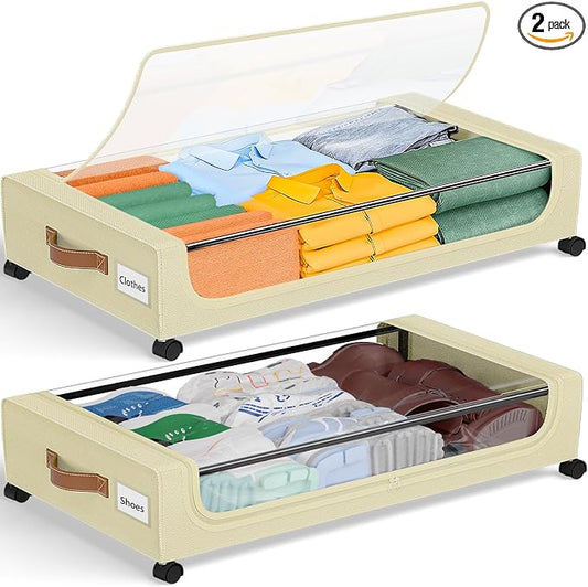 GoMaihe Under Bed Storage with Wheels 48L Beige 2-Pack | Underbed Storage Containers with Lids Rolling Bins for Shoes Clothes in Dorm Bedroom - Metal Drawers Easy Pull-out
