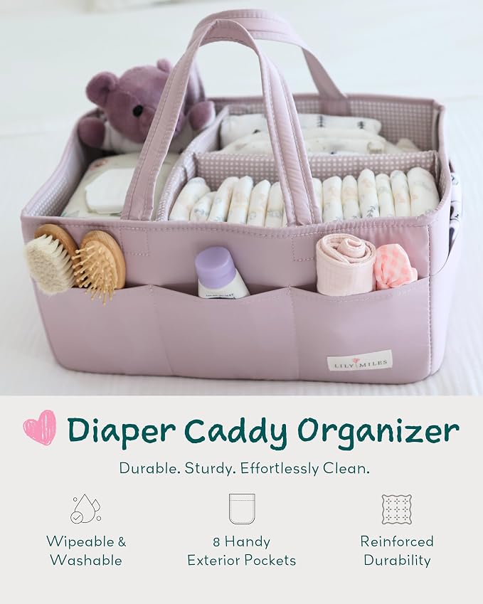 Baby Diaper Caddy Organizer, Wipeable Diaper Organizer Basket with 8 Pockets for Newborn Essentials, Baby Shower Gifts, Nursery Tote Bag for Changing Table or Car (Rosy Lilac, Large)