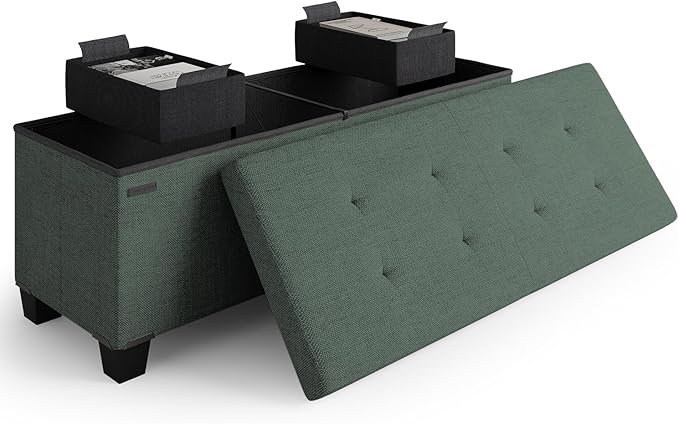 Storage Ottoman Bench with Bins, 43-in Storage Bench for Bedroom End of Bed, Folding Foot Rest Ottoman for Living Room Max 660lbs, Fabric Ottomans, Green
