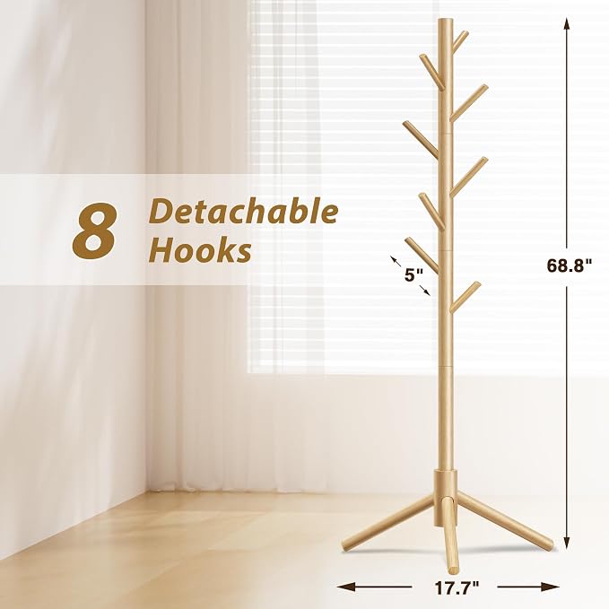 8-Hook Freestanding Coat Rack 3 Adjustable Heights Nature 2PCS | Easy Tool-Free Setup,Ideal for Entryway Bedroom Hallway Office,Holds Clothes Hats Handbags,Space-Saving Vertical Design