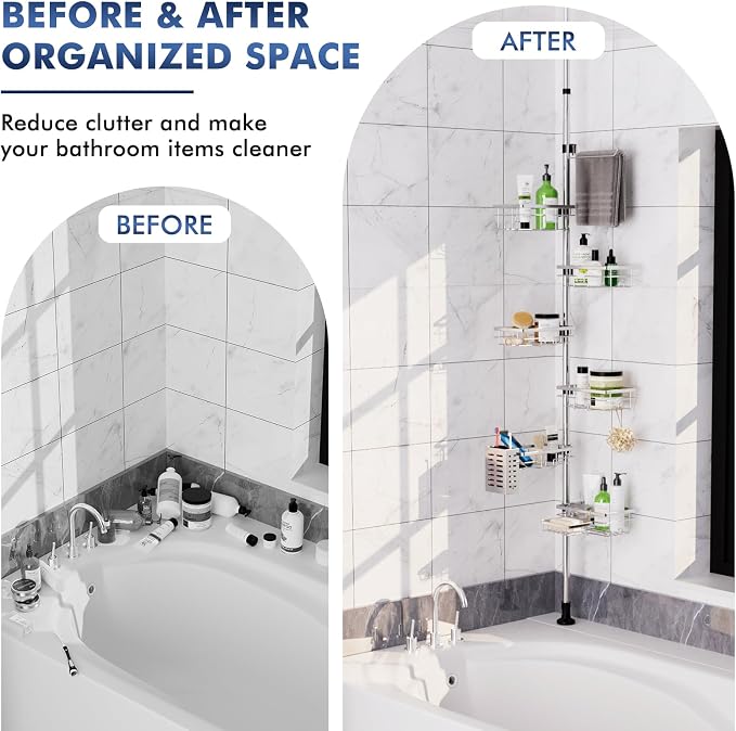 Shower Caddy Corner Tension Pole,Stainless Steel Shelves Bathroom Organizer | Rustproof 6-Tire Shelf, Adjustable 30-120 Inch Storage, Towel Bar & Soap Dish & Toothbrush Holder Rack