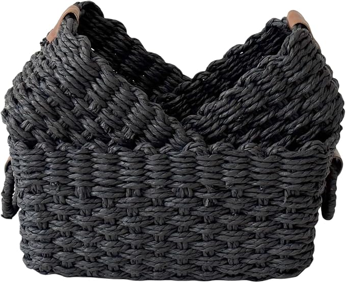 Paper rope Small Storage baskets for Organizing,Cute woven Little basket for Home，Shelves, Bathroom,Decorative basket,Set of 3 (Black)