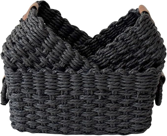 Paper rope Small Storage baskets for Organizing,Cute woven Little basket for Home，Shelves, Bathroom,Decorative basket,Set of 3 (Black)