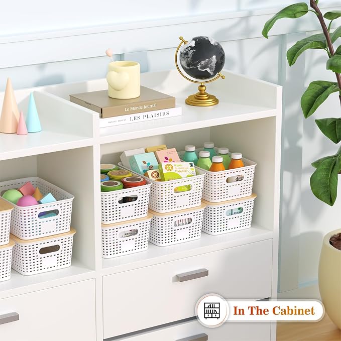 Ohmlove Plastic Storage Baskets With Bamboo Lid - Plastic Storage Containers Stackable Storage bins: Storage Baskets for Organizing Shelves Drawers Desktop Closet Playroom Classroom Office, 6 Pack