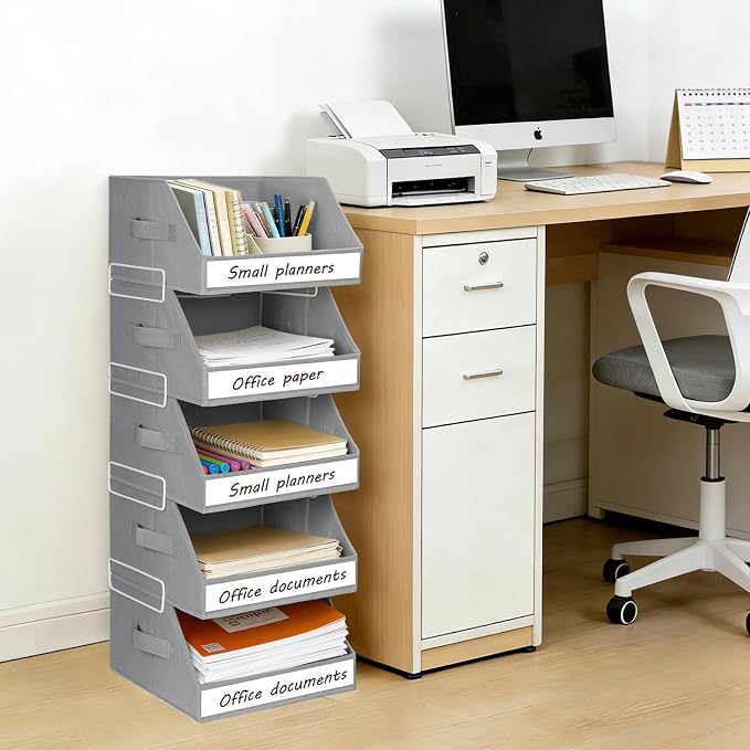 Closet Organizers and Storage - 5 Tier Shelf Organizer with Weekly Labels, Stackable Storage Bins with Metal Frame, Foldable Cube Bins, Home Baskets for Kids and Adults, Grey