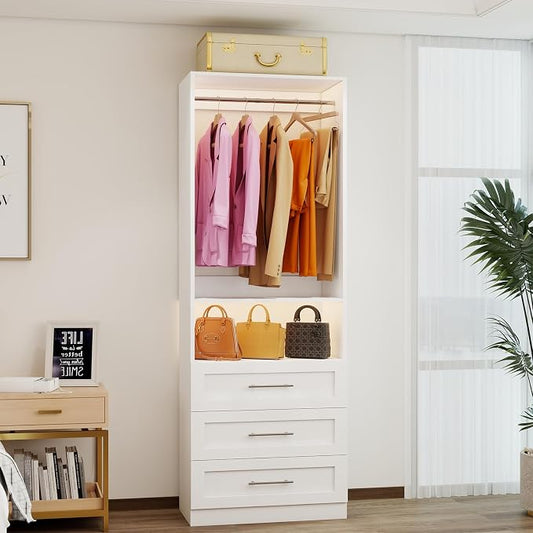 Closet System with 3 Drawers, 2FT-5FT Customizable Closet Organizer System with Hanging Rods& Shelves, Fits Small Walk-in Closet, Modular Closet Tower, Wooden Freestanding Closet Storage System, White