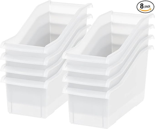 IRIS USA 8-Pack, Connecting Book Bin Organizer Magazine Holder, Clear | Organize books, magazines, notebooks, binders, and school supplies with vertical storage and connecting design