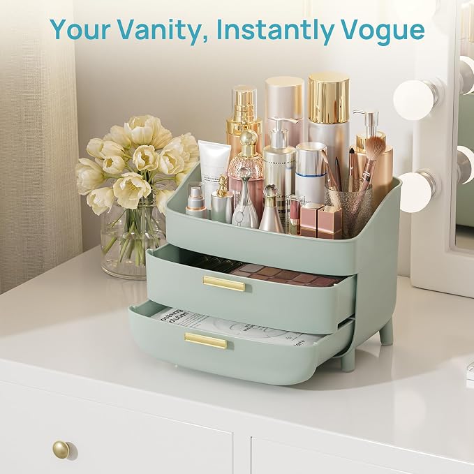 Vtopmart 3-Tier Skincare Makeup Organizer with Drawers, Green | For Vanity and Bathroom Countertop, with Drawers, Large Cosmetic Storage Box Case, , Non-Slip Base