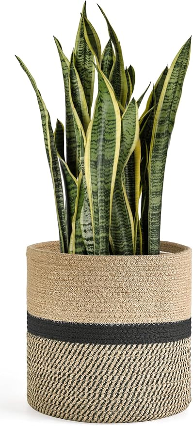 Dahey Plant Basket Indoor for 10 inch Pot Woven Jute Planter, Black | Fits 8"-10" Planters, Reinforced Structure, Foldable Laundry Bin with Handles, Jute Cotton Rope, Decorative Flower Pot Cover