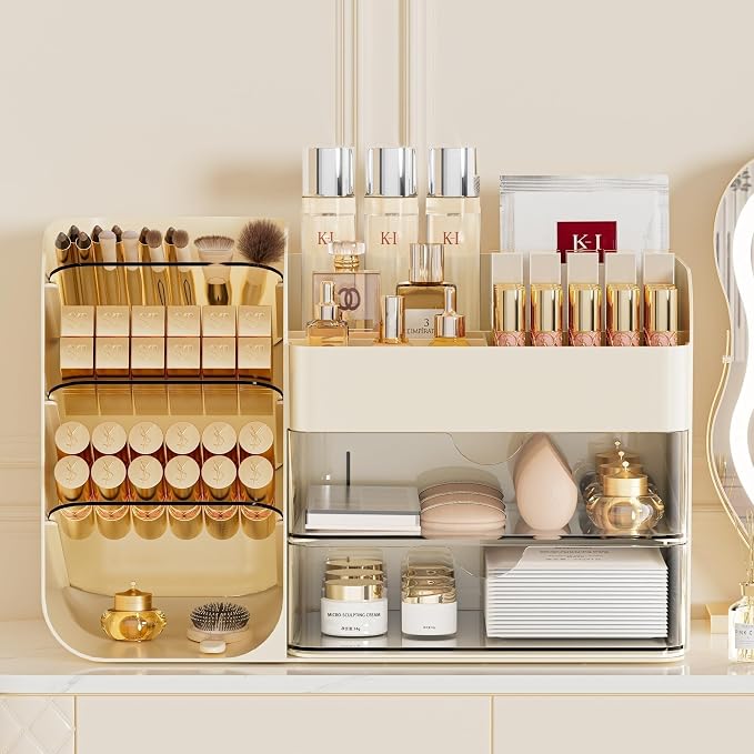 Makeup Organizer with Drawers, Large Capacity Countertop Organizer for Vanity, Bathroom and Bedroom Desk Cosmetics Organizer, Easy To Storage Skincare,Brushes, Eyeshadow,Lipstick (All Cream)