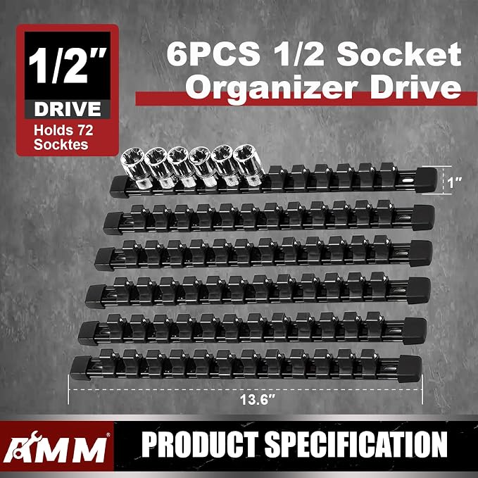 AMM 6-Piece Socket Organizer, 1/2 inch Drive ABS Tools Socket Holder,Heavy Duty Socket Racks, Premium Quality Socket Clip Rail Holder,The best tool trays in the garage