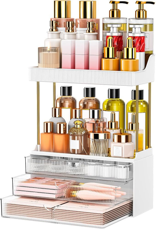 caktraie 3-Drawer 2-Tier Acrylic Makeup & Bathroom Vanity Organizer | Clear,3 smooth drawers, 2 open shelves, dustproof, wipe clean, for large skincare, perfumes, lipsticks, dresser, counter