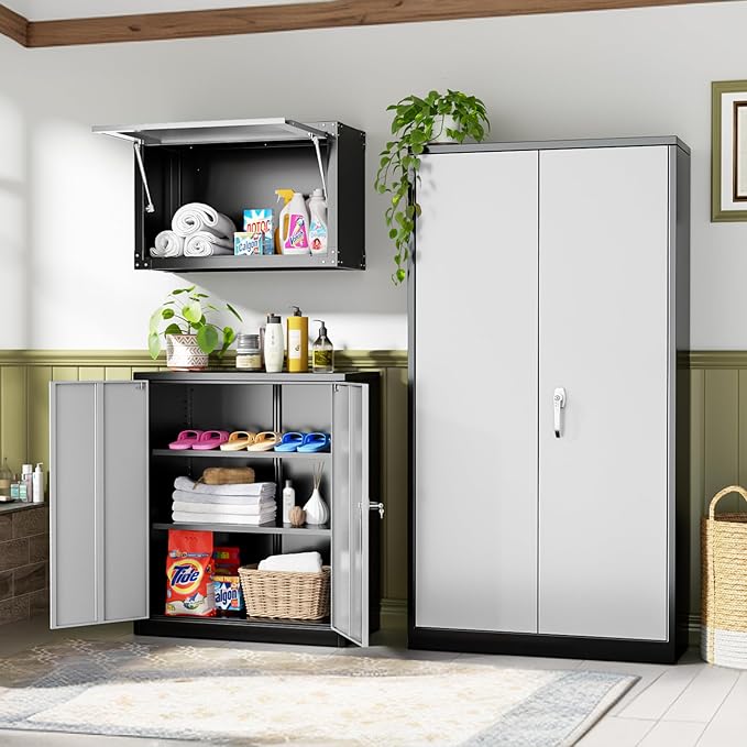 INTERGREAT Metal Storage Cabinet, 36” Steel Locking Cabinet with Doors and Shelves, Black Grey Utility Cabinet Garage Cabinets for Home Office, Garage, Kitchen