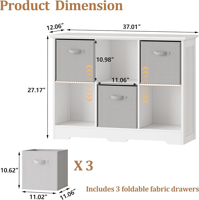 6 Cube Storage Organizer Shelf, Wood Cubby Storage with 3 Fabric Drawers | 2 Tier Wooden Bookshelf with 2 Adjustable Shelves, Fluted Side Panels Bookcase for Bedroom, Living Room, Home Office, White